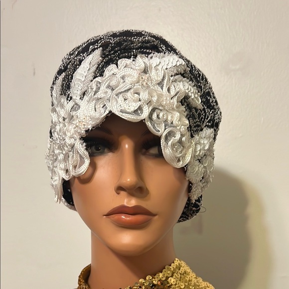 Elegant Black  White Beaded Headpiece Black Church Daytime Flapper Hat Cloche main image 7